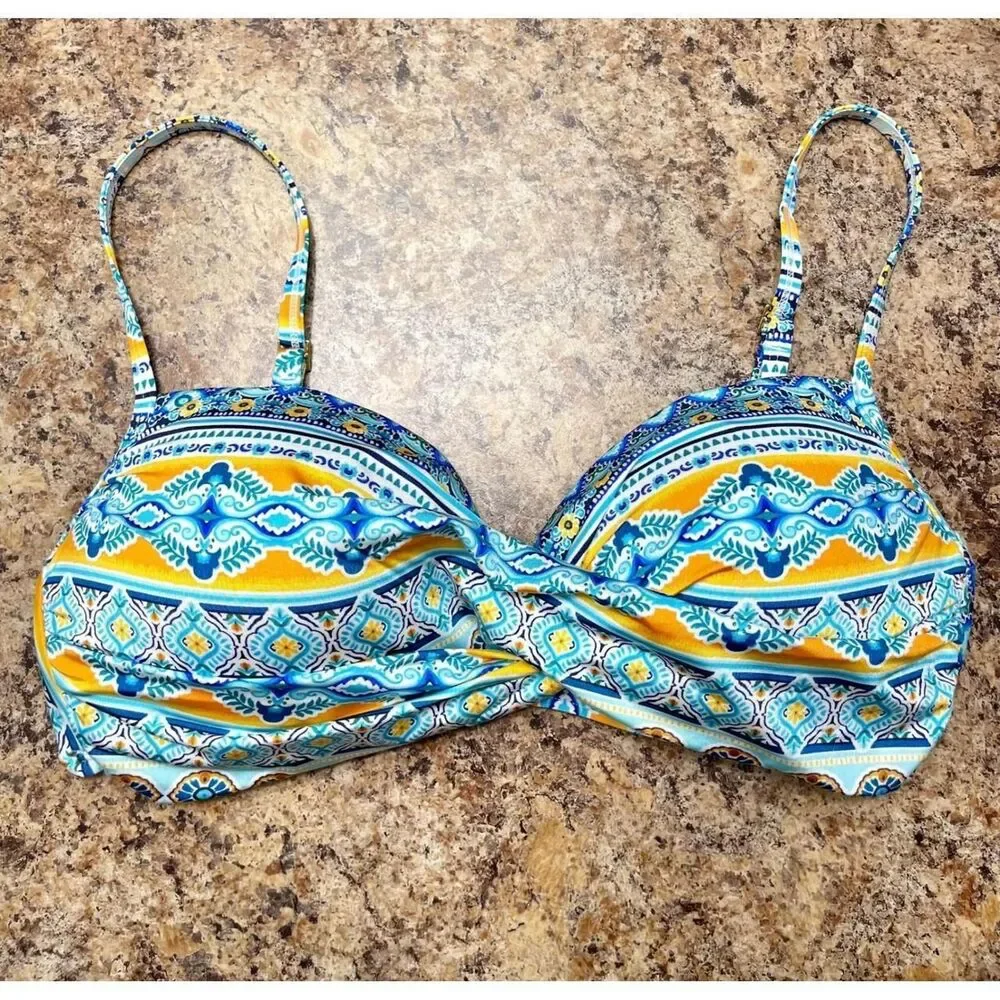 New La Blanca Blue Gold Tile Print Twist Front Sweetheart Bikini Top Size 10